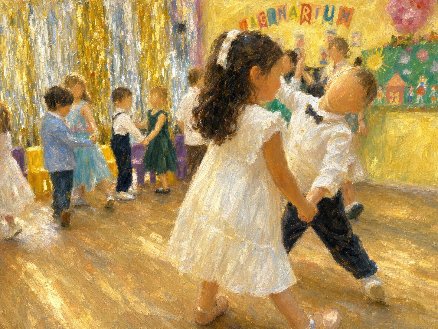 Children dancing at an Imaginarium celebration in our bright yellow classroom with the Imaginarium banner